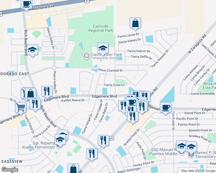 map of restaurants, bars, coffee shops, grocery stores, and more near 13080 Tierra Creel Lane in El Paso