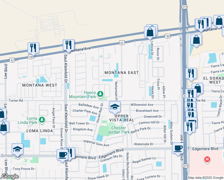 map of restaurants, bars, coffee shops, grocery stores, and more near 3626 Nehemiah Place in El Paso