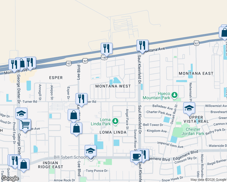 map of restaurants, bars, coffee shops, grocery stores, and more near 3669 Grand Cayman Lane in El Paso
