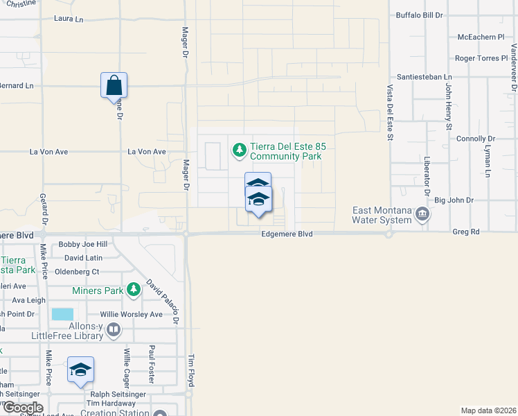 map of restaurants, bars, coffee shops, grocery stores, and more near 15101 Edgemere Boulevard in El Paso