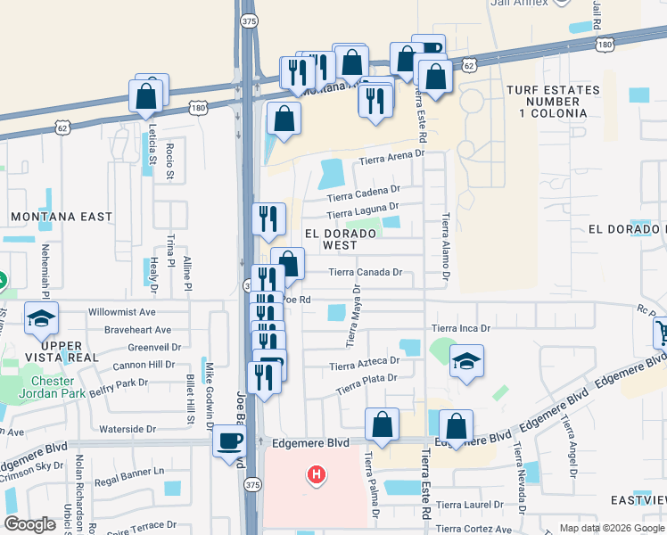 map of restaurants, bars, coffee shops, grocery stores, and more near 12261 Tierra Canada Drive in El Paso