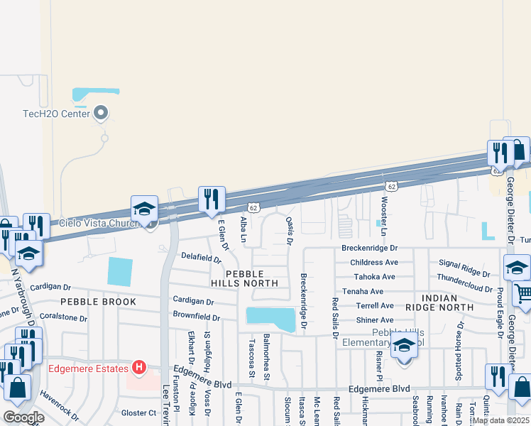 map of restaurants, bars, coffee shops, grocery stores, and more near 11020 Montana Avenue in El Paso