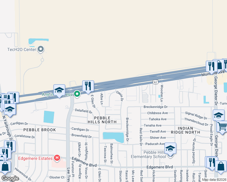 map of restaurants, bars, coffee shops, grocery stores, and more near 11020 Montana Avenue in El Paso