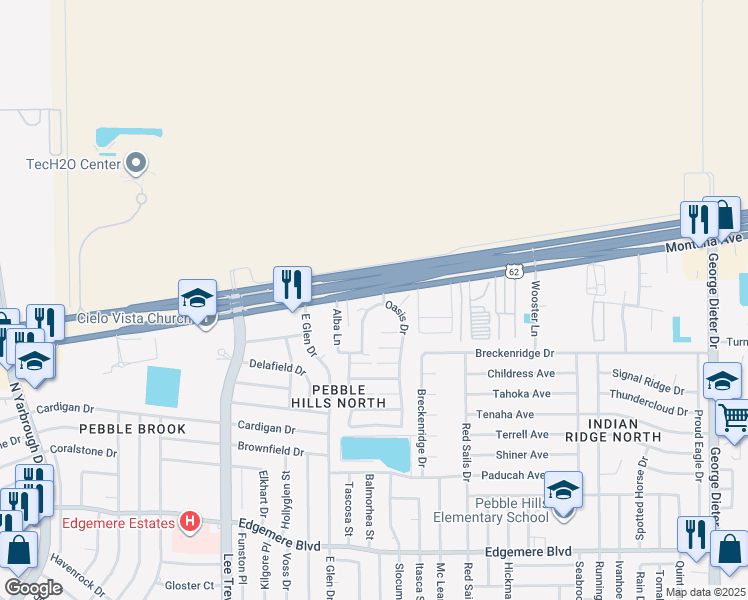 map of restaurants, bars, coffee shops, grocery stores, and more near 11020 Montana Avenue in El Paso