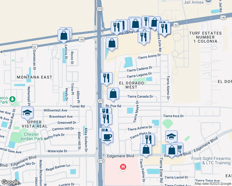 map of restaurants, bars, coffee shops, grocery stores, and more near 3761 Tierra Zafiro Drive in El Paso
