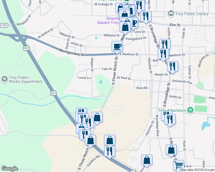 map of restaurants, bars, coffee shops, grocery stores, and more near 521 South 3 Notch Street in Troy