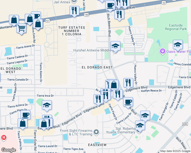 map of restaurants, bars, coffee shops, grocery stores, and more near 3769 Tierra Isela Drive in El Paso
