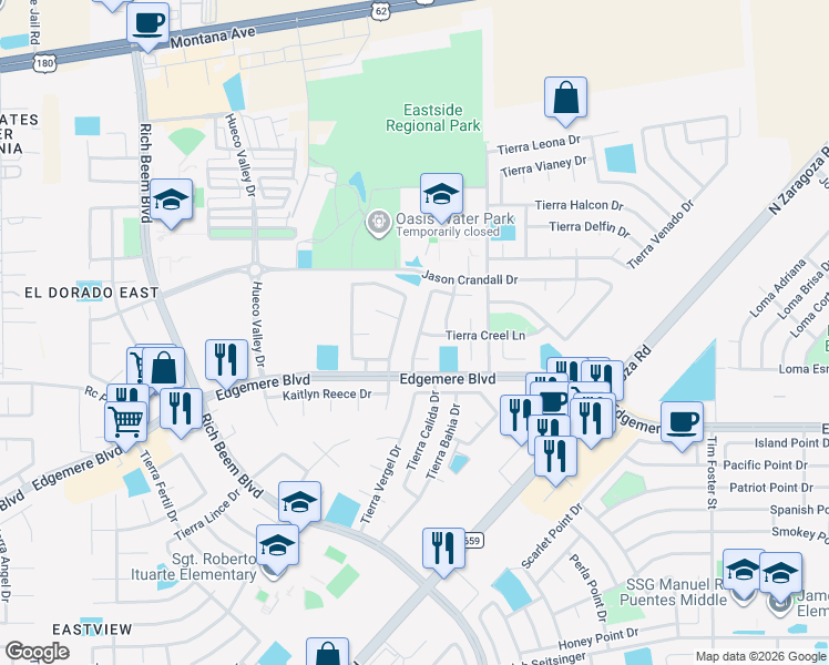 map of restaurants, bars, coffee shops, grocery stores, and more near 13040 Tierra Westex Lane in El Paso