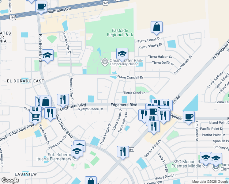 map of restaurants, bars, coffee shops, grocery stores, and more near 13040 Tierra Westex Lane in El Paso