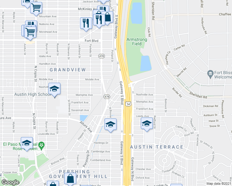 map of restaurants, bars, coffee shops, grocery stores, and more near 4019 Nashville Avenue in El Paso