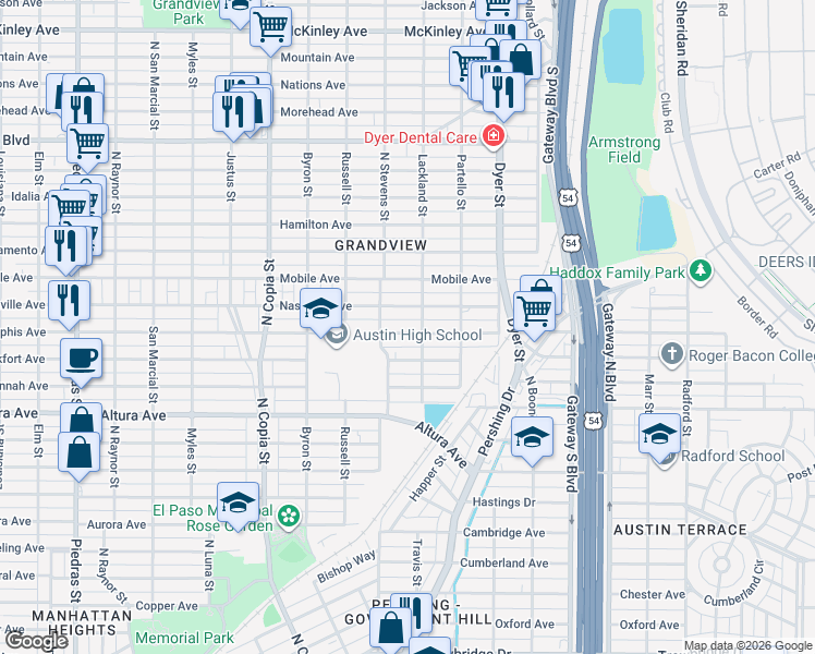 map of restaurants, bars, coffee shops, grocery stores, and more near 3708 Nashville Avenue in El Paso