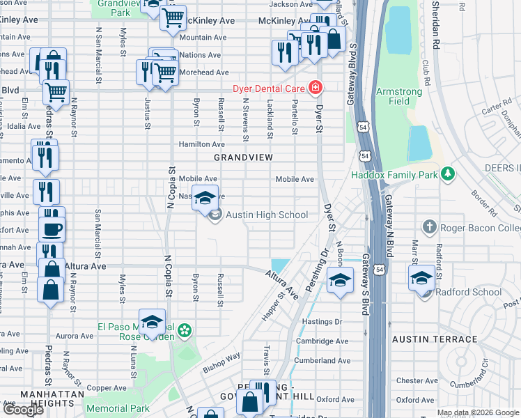 map of restaurants, bars, coffee shops, grocery stores, and more near 3708 Nashville Avenue in El Paso