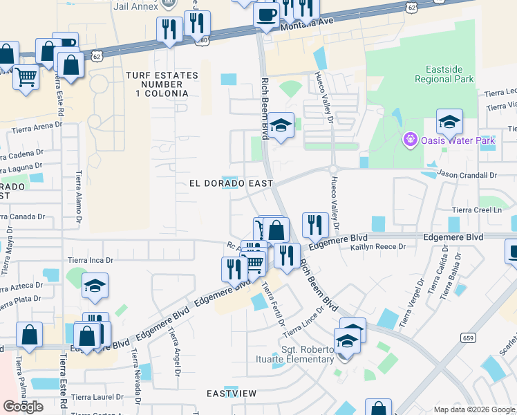 map of restaurants, bars, coffee shops, grocery stores, and more near 3740 Tierra Aurora Drive in El Paso