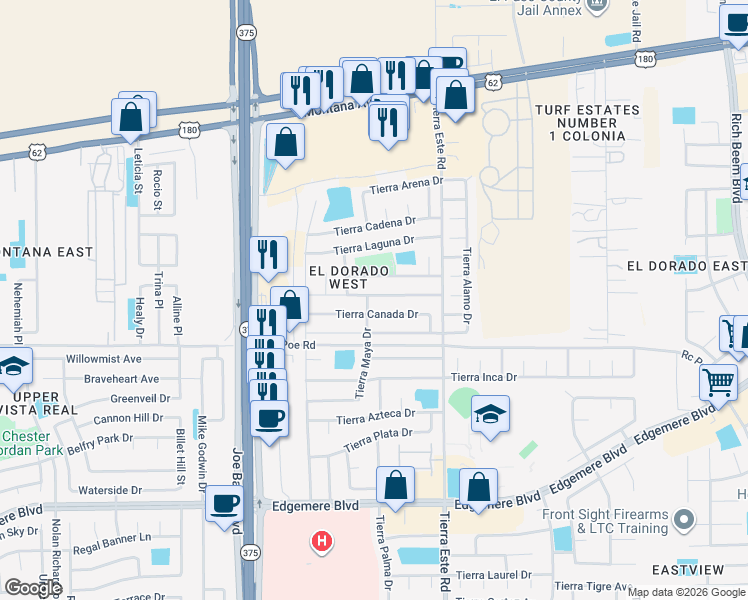 map of restaurants, bars, coffee shops, grocery stores, and more near 12304 Tierra Alaska Avenue in El Paso