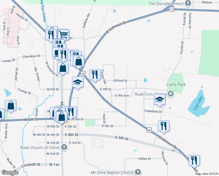 map of restaurants, bars, coffee shops, grocery stores, and more near 205 Hill Avenue in Rusk