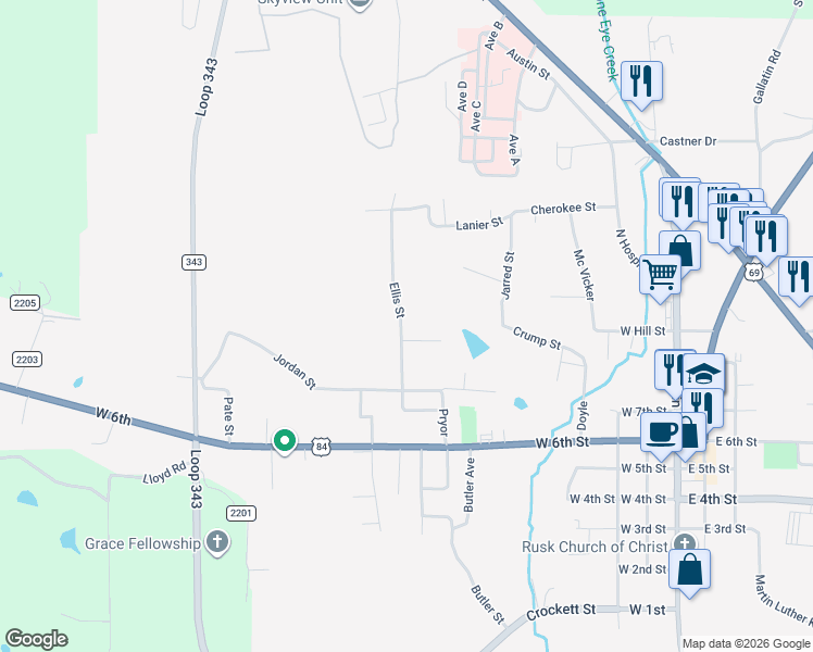 map of restaurants, bars, coffee shops, grocery stores, and more near 268 Ellis Street in Rusk
