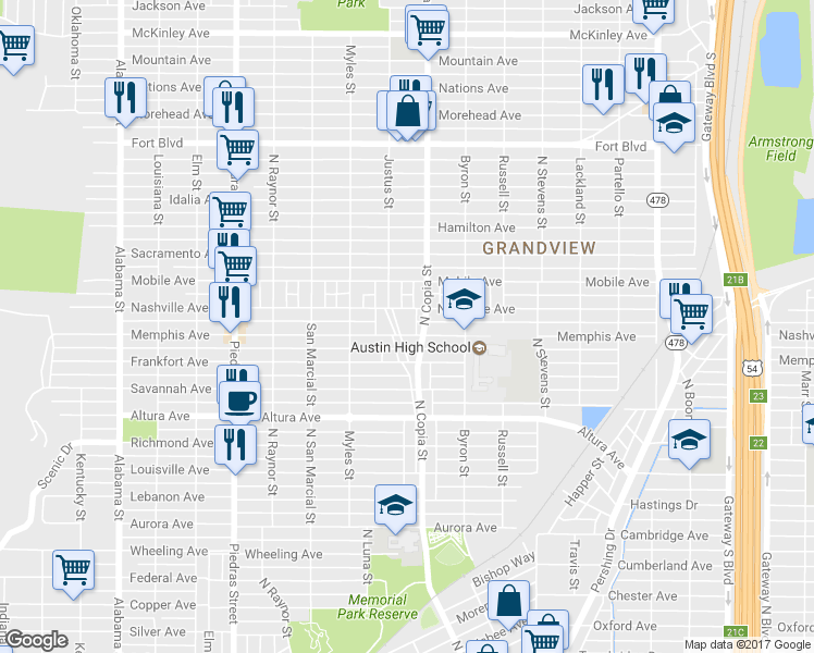 map of restaurants, bars, coffee shops, grocery stores, and more near 2620 Justus Street in El Paso
