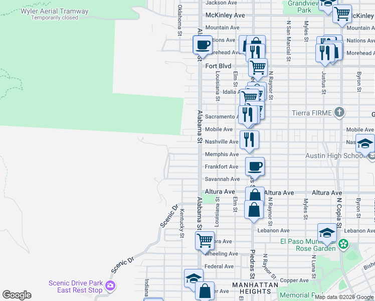 map of restaurants, bars, coffee shops, grocery stores, and more near 2508 Nashville Avenue in El Paso