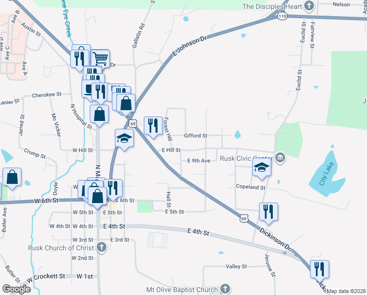 map of restaurants, bars, coffee shops, grocery stores, and more near 205 Hill Avenue in Rusk