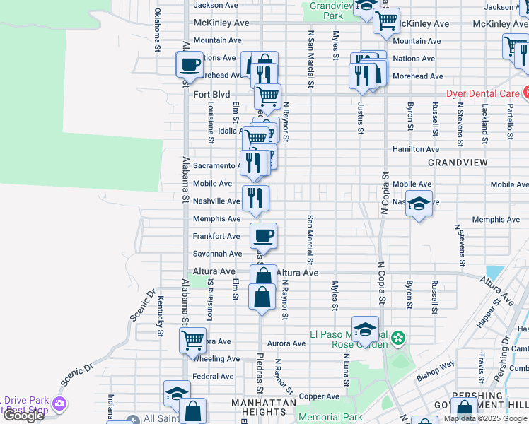 map of restaurants, bars, coffee shops, grocery stores, and more near 2602 North Piedras Street in El Paso