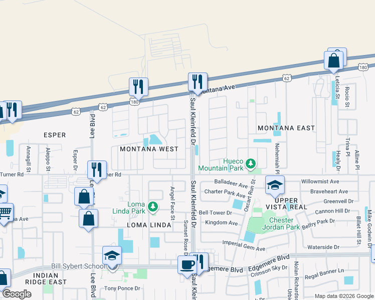 map of restaurants, bars, coffee shops, grocery stores, and more near 3634 Grand Bahamas Drive in El Paso