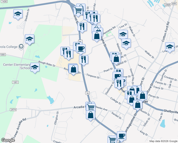 map of restaurants, bars, coffee shops, grocery stores, and more near 501 Timpson Street in Center