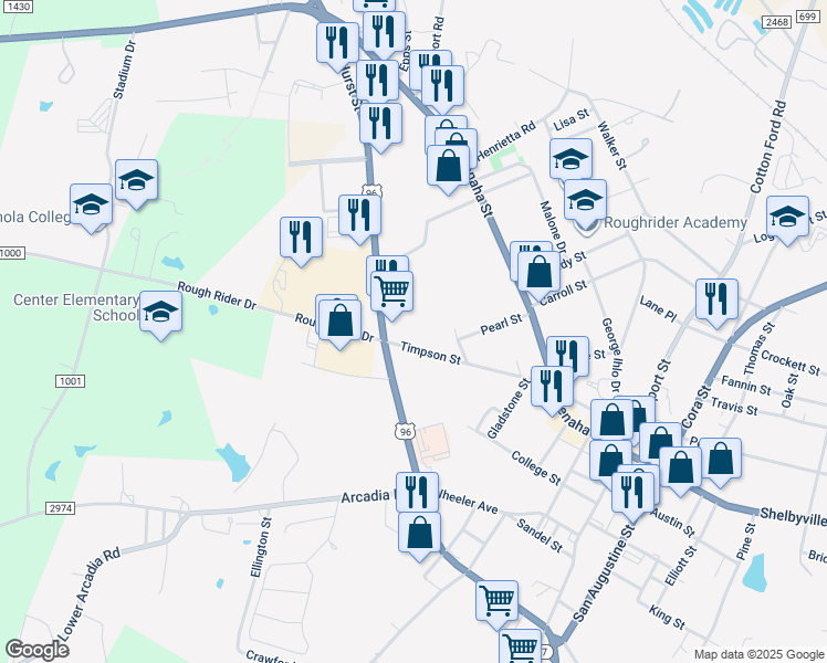 map of restaurants, bars, coffee shops, grocery stores, and more near 501 Timpson Street in Center