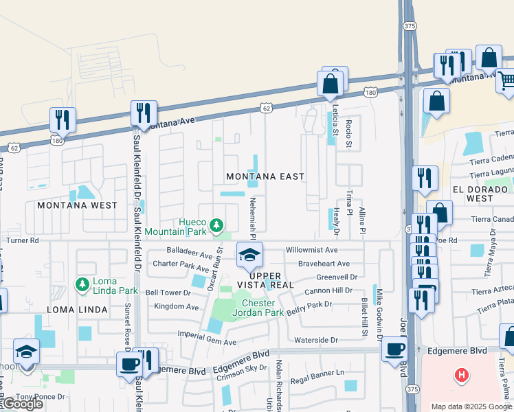 map of restaurants, bars, coffee shops, grocery stores, and more near 3626 Nehemiah Place in El Paso