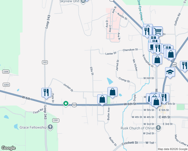 map of restaurants, bars, coffee shops, grocery stores, and more near 268 Ellis Street in Rusk