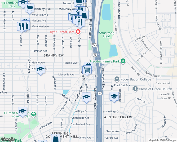 map of restaurants, bars, coffee shops, grocery stores, and more near 4019 Nashville Avenue in El Paso