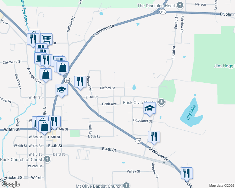 map of restaurants, bars, coffee shops, grocery stores, and more near 387 Hill Avenue in Rusk