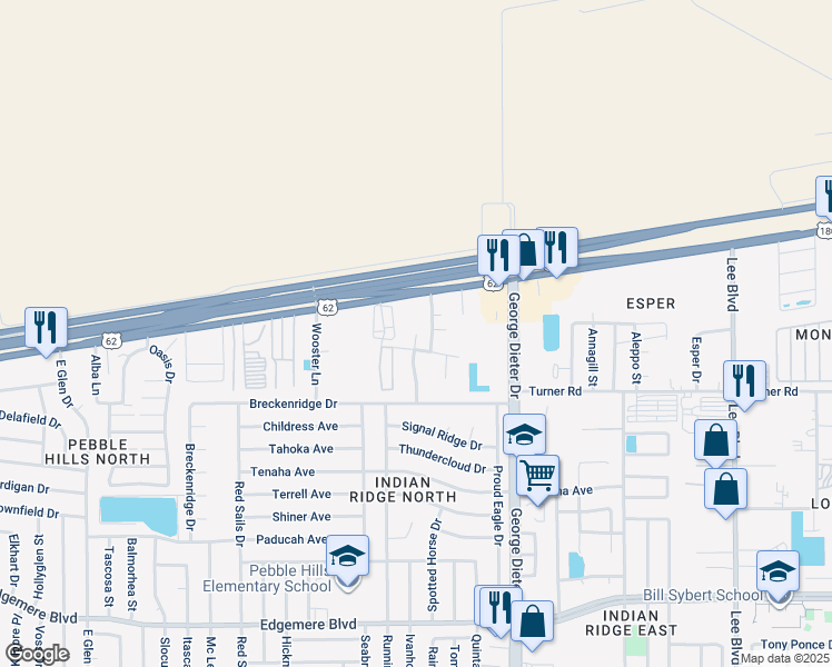 map of restaurants, bars, coffee shops, grocery stores, and more near 3635 Red Cloud Place in El Paso