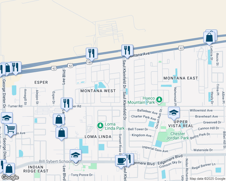 map of restaurants, bars, coffee shops, grocery stores, and more near 3633 Morgan Bay Place in El Paso