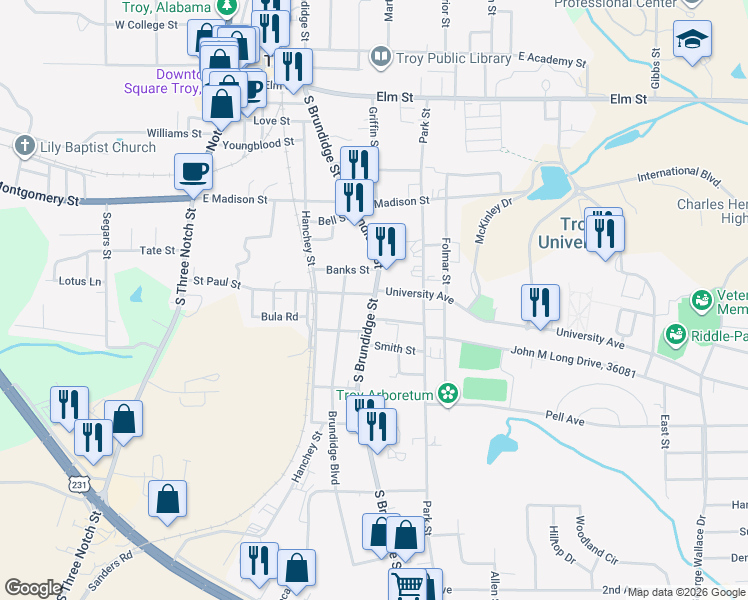map of restaurants, bars, coffee shops, grocery stores, and more near 703 South Brundidge Street in Troy