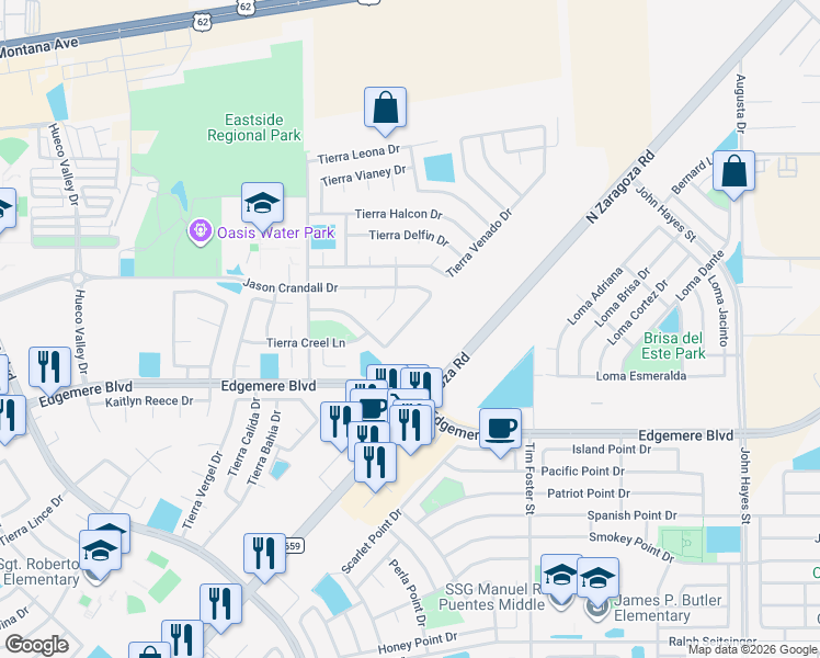 map of restaurants, bars, coffee shops, grocery stores, and more near 14128 Robert Ituarte Drive in El Paso