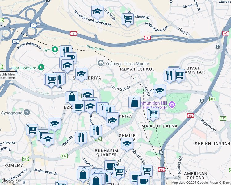 map of restaurants, bars, coffee shops, grocery stores, and more near 3 Ofira Street in Jerusalem
