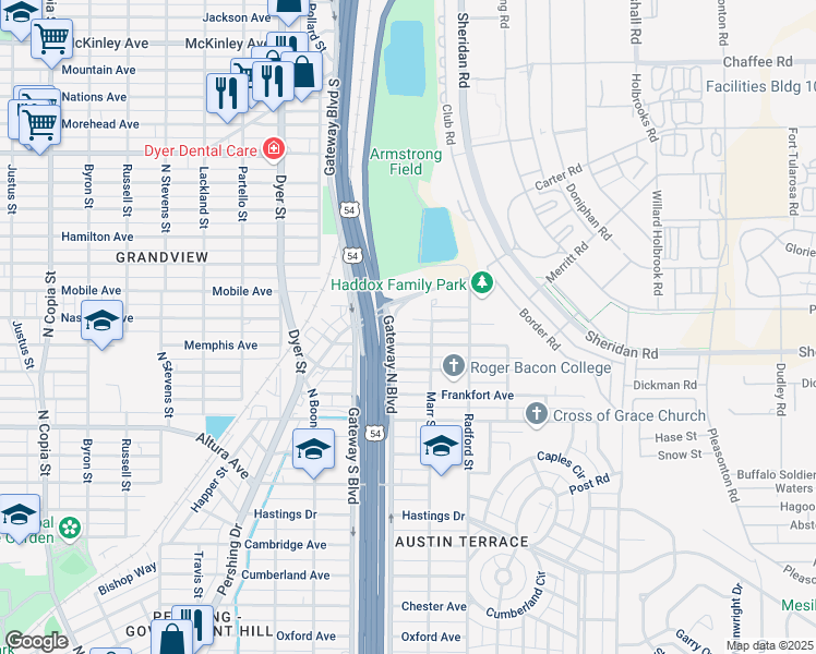 map of restaurants, bars, coffee shops, grocery stores, and more near 4304 Mobile Avenue in El Paso