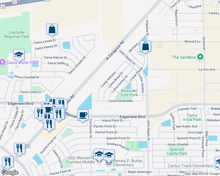 map of restaurants, bars, coffee shops, grocery stores, and more near 3748 Loma Brisa Drive in El Paso