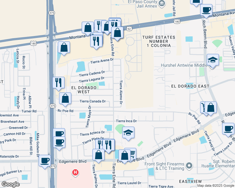 map of restaurants, bars, coffee shops, grocery stores, and more near 3744 Tierra Alamo Drive in El Paso