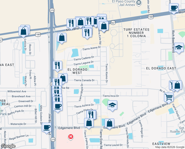 map of restaurants, bars, coffee shops, grocery stores, and more near 12345 Tierra Alaska Avenue in El Paso