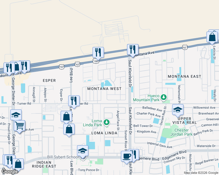 map of restaurants, bars, coffee shops, grocery stores, and more near 3669 Grand Cayman Lane in El Paso