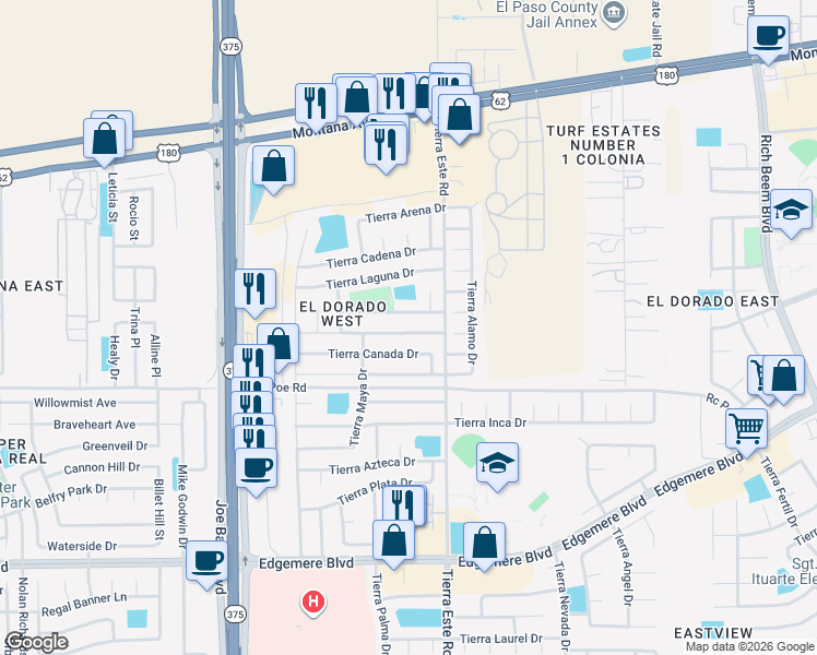map of restaurants, bars, coffee shops, grocery stores, and more near 12345 Tierra Alaska Avenue in El Paso