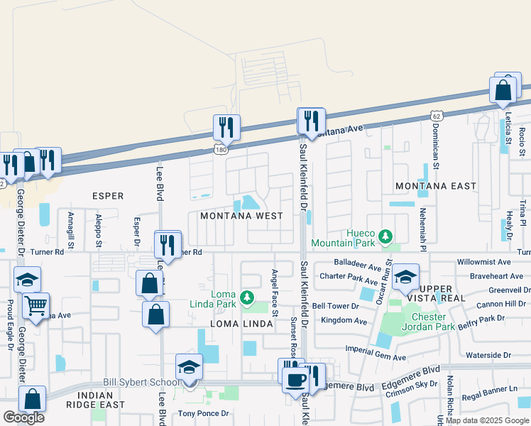 map of restaurants, bars, coffee shops, grocery stores, and more near 3697 Grand Cayman Lane in El Paso