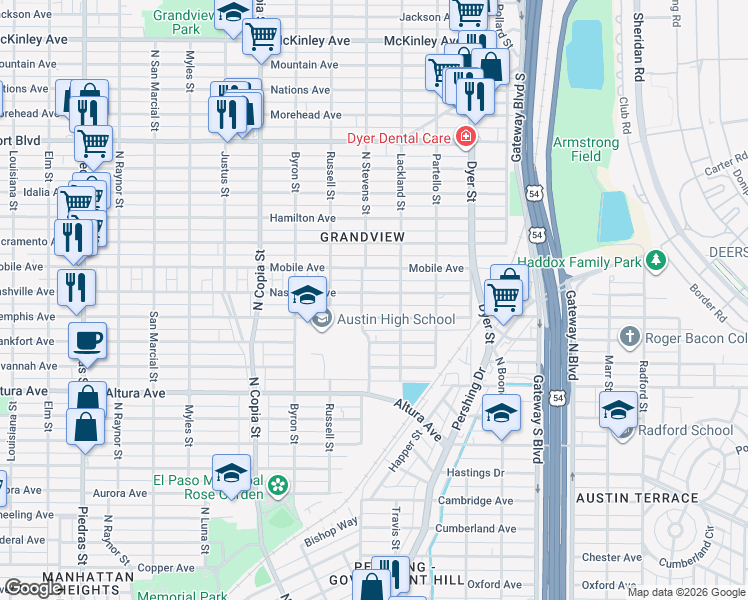 map of restaurants, bars, coffee shops, grocery stores, and more near 3708 Nashville Avenue in El Paso