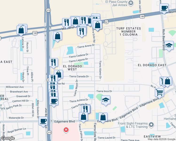 map of restaurants, bars, coffee shops, grocery stores, and more near 12361 Tierra Alaska Avenue in El Paso