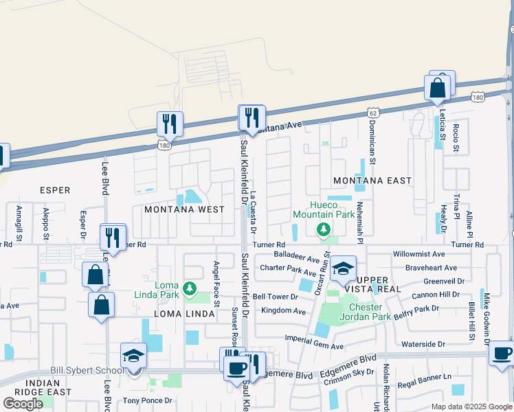 map of restaurants, bars, coffee shops, grocery stores, and more near 3660 La Cuesta Drive in El Paso