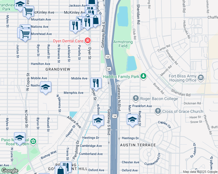 map of restaurants, bars, coffee shops, grocery stores, and more near 5023 Pershing Drive in El Paso