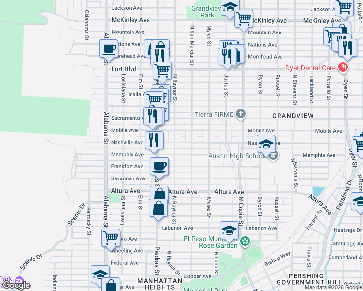 map of restaurants, bars, coffee shops, grocery stores, and more near 3006 Nashville Avenue in El Paso
