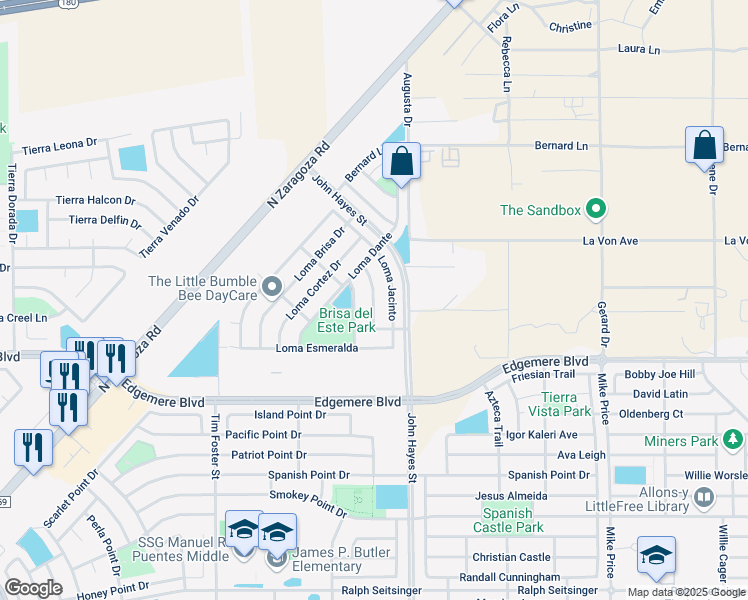 map of restaurants, bars, coffee shops, grocery stores, and more near Loma Esteban in El Paso