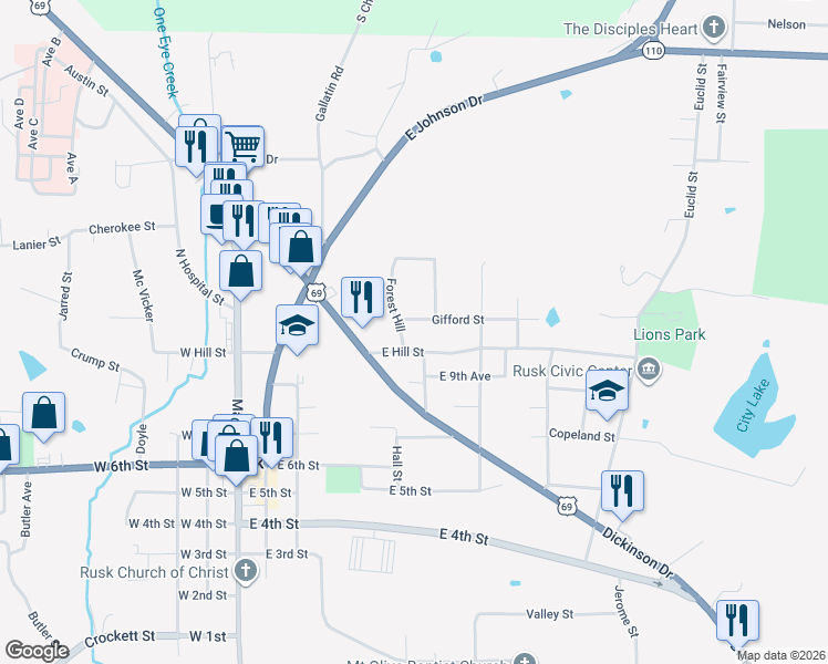 map of restaurants, bars, coffee shops, grocery stores, and more near 205 Hill Avenue in Rusk